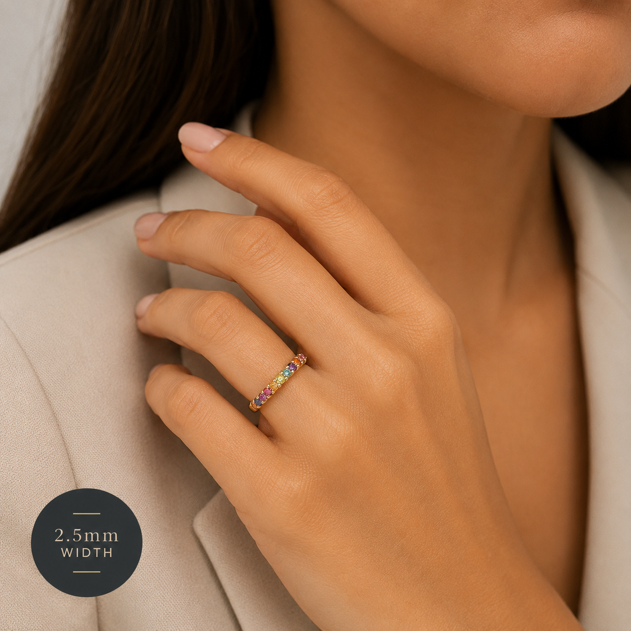 9ct yellow gold rainbow gemstone half eternity ring with natural coloured gemstones