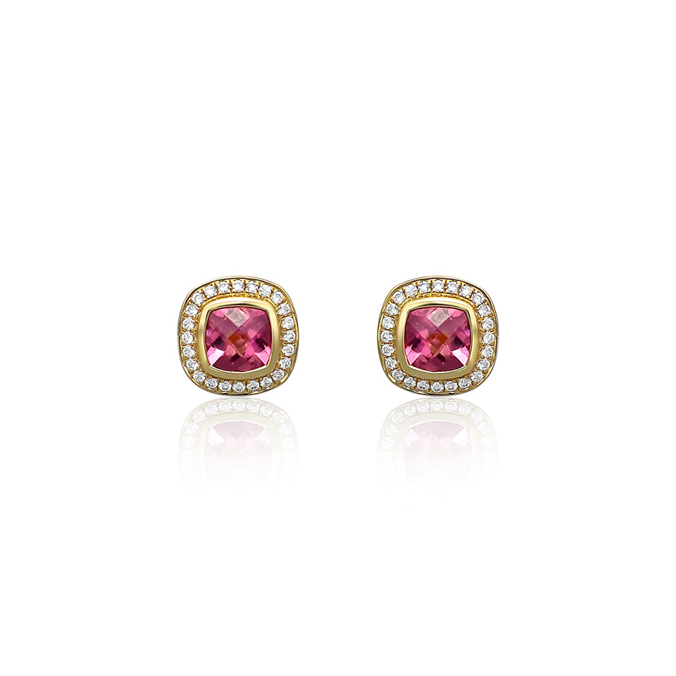 14ct Gold Stud Earrings with Pink Tourmaline and Diamonds