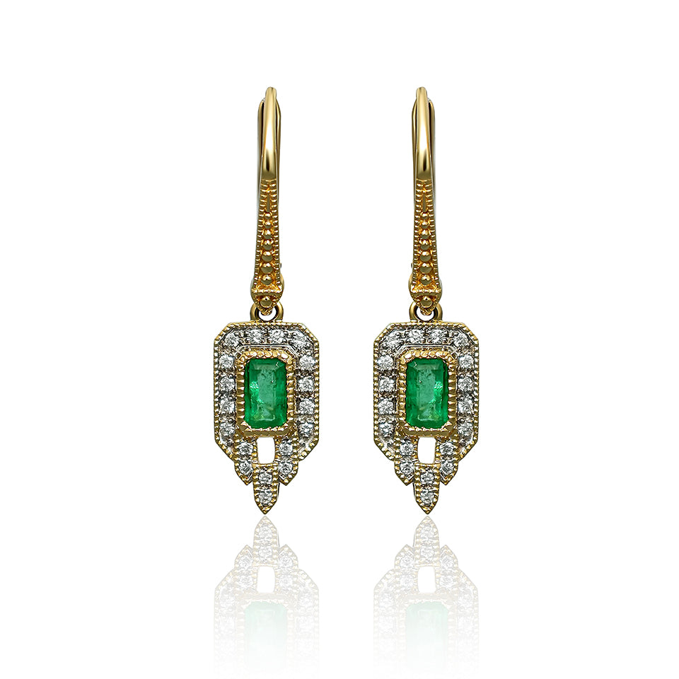 14ct Gold Art Deco Inspired Emeralds and Diamonds Drop Earrings