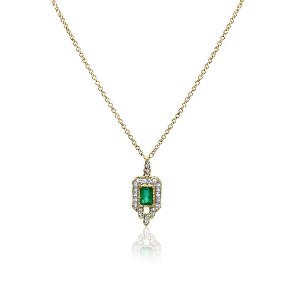 14ct Gold Art Deco Inspired Emerald and Diamonds Necklace