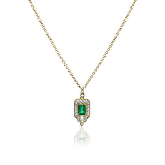 14ct Gold Art Deco Inspired Emerald and Diamonds Necklace