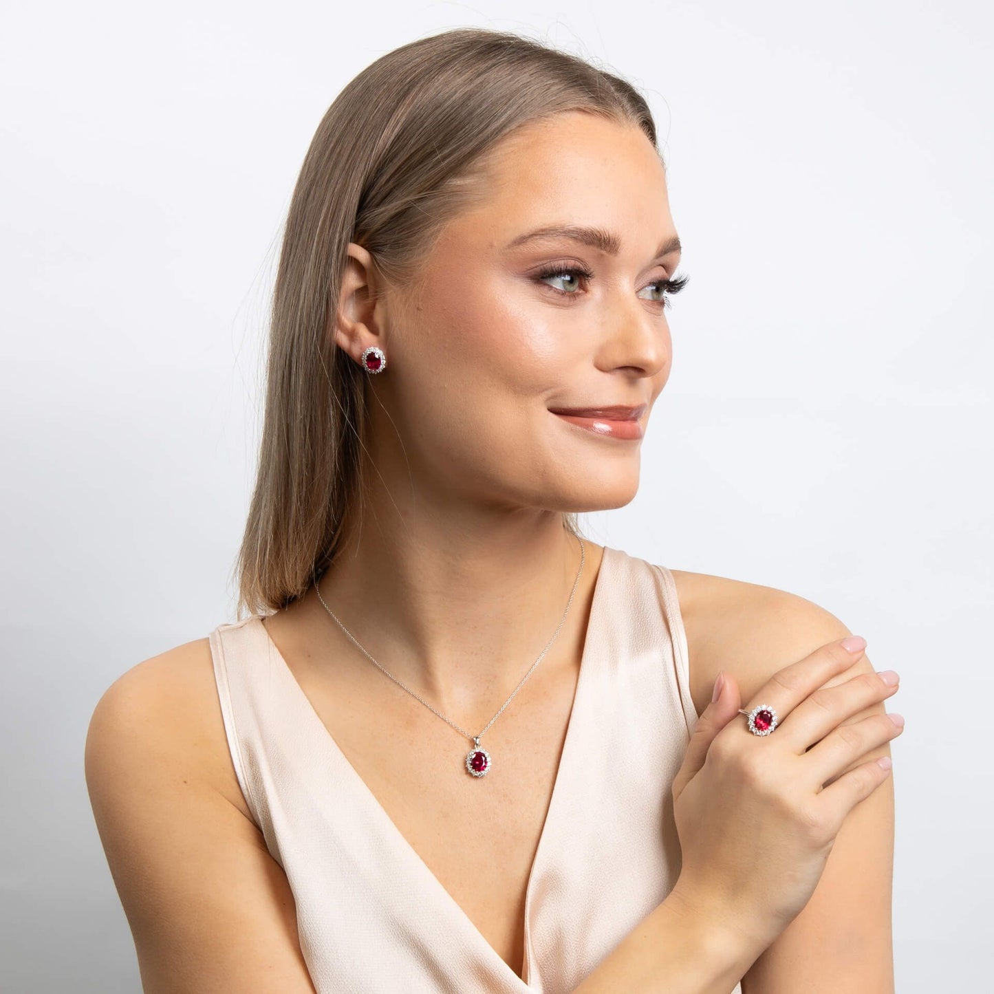 Ruby Oval Stud Earrings with Surround