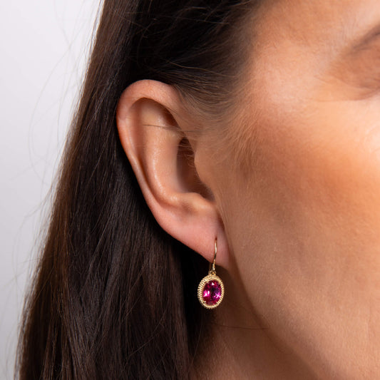Oval Cut Pink Topaz Drop Earrings in 9ct Gold