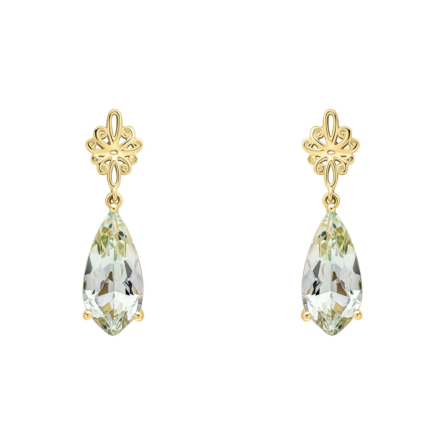 Fancy Cut Green Quartz Drop Earrings with Swirl Detail in 9ct Gold