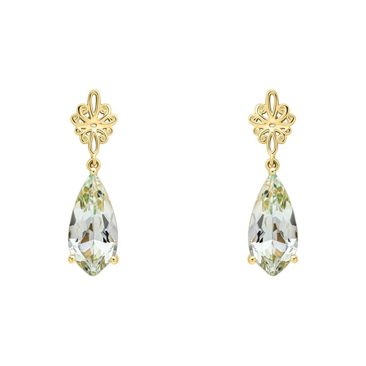 Fancy Cut Green Quartz Drop Earrings with Swirl Detail in 9ct Gold