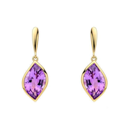 Flame Cut Amethyst Drop Earrings in 9ct Gold