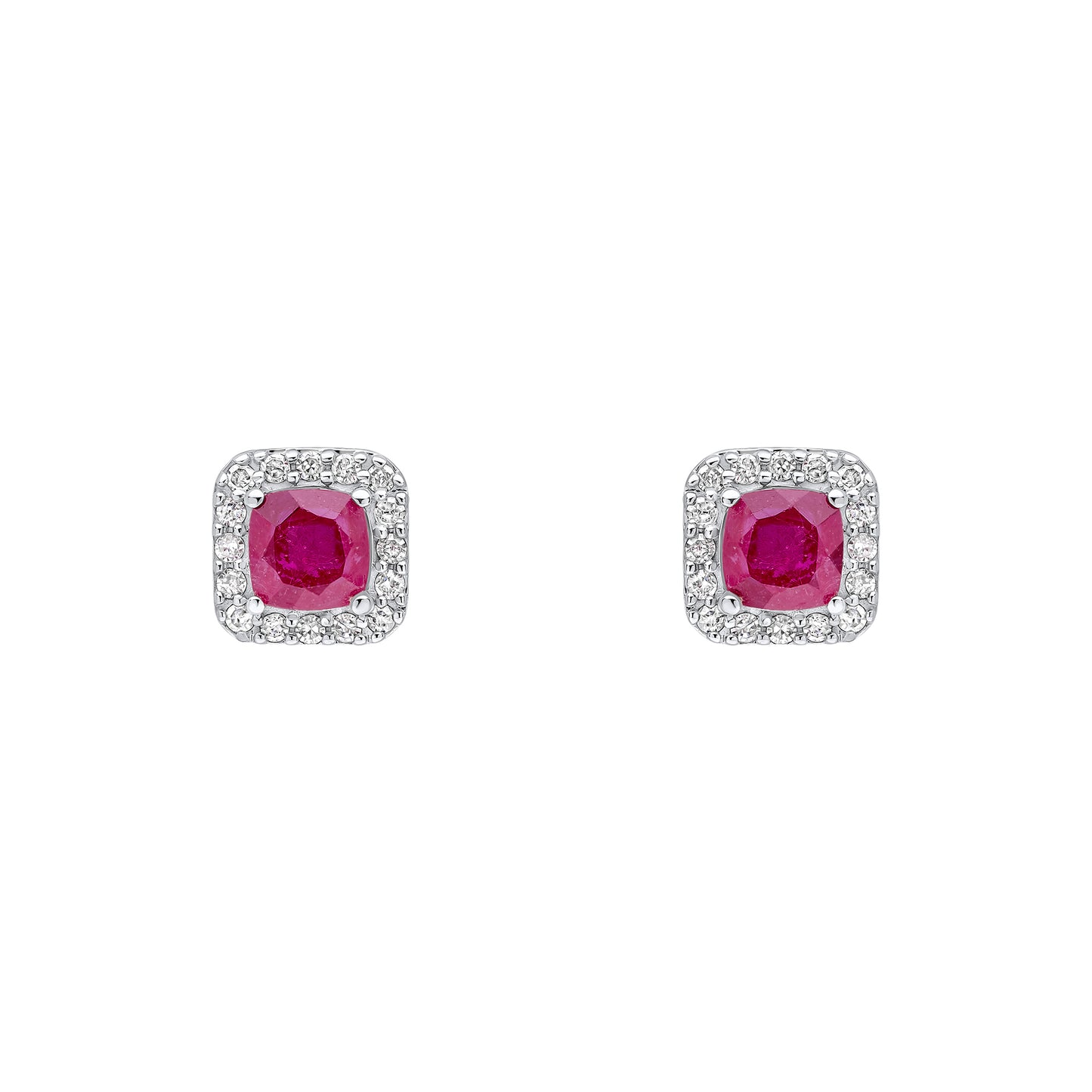Cushion Cut Ruby with Diamond Halo Stud Earrings in 9ct Gold