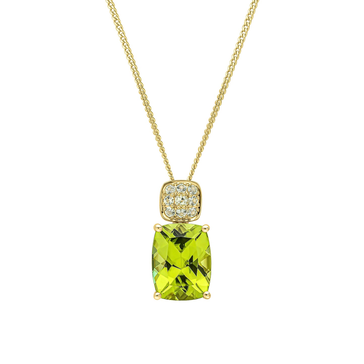 Cushion Cut and Cluster Peridot Pendant in 9ct Gold