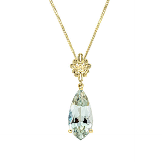 Fancy Cut Green Quartz Drop Pendant with Swirl Detail Bale in 9ct Gold