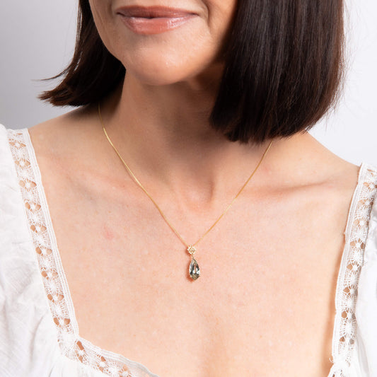Fancy Cut Green Quartz Drop Pendant with Swirl Detail Bale in 9ct Gold