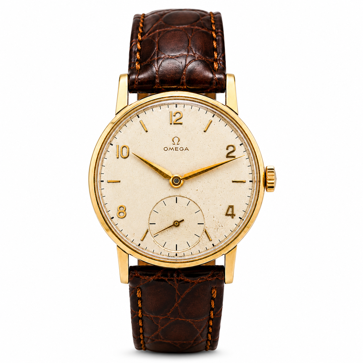 Vintage Omega gold dress watch with small seconds display and brown leather strap