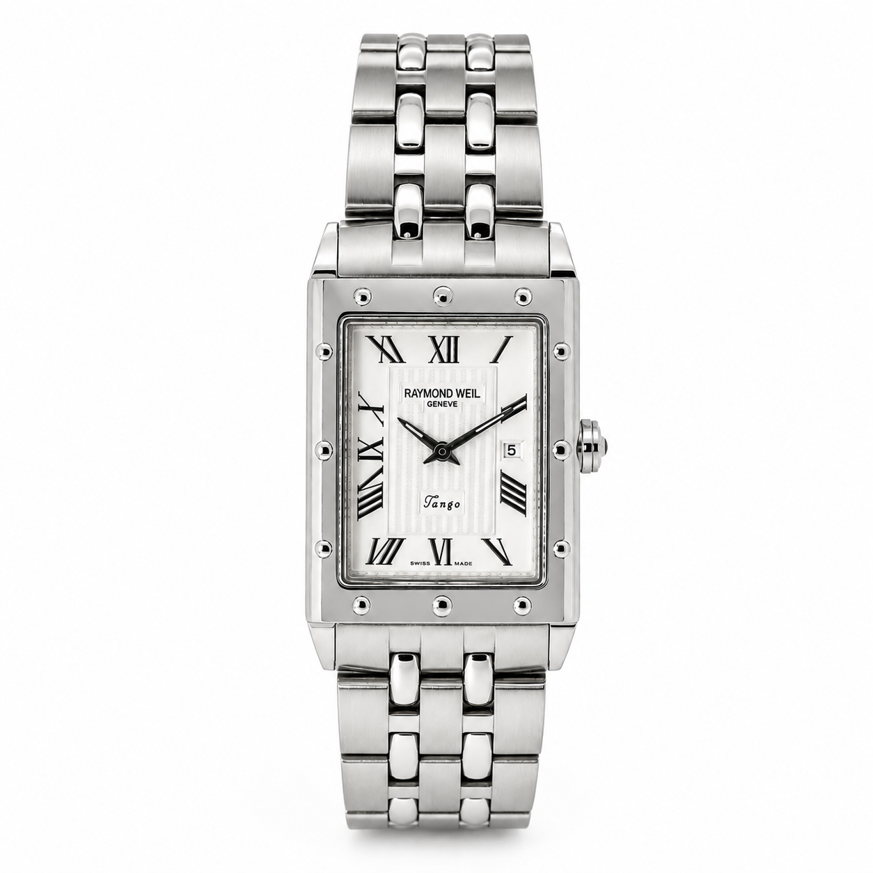 Raymond Weil Tango stainless steel Swiss quartz watch with rectangular silver dial, Roman numerals and integrated bracelet.