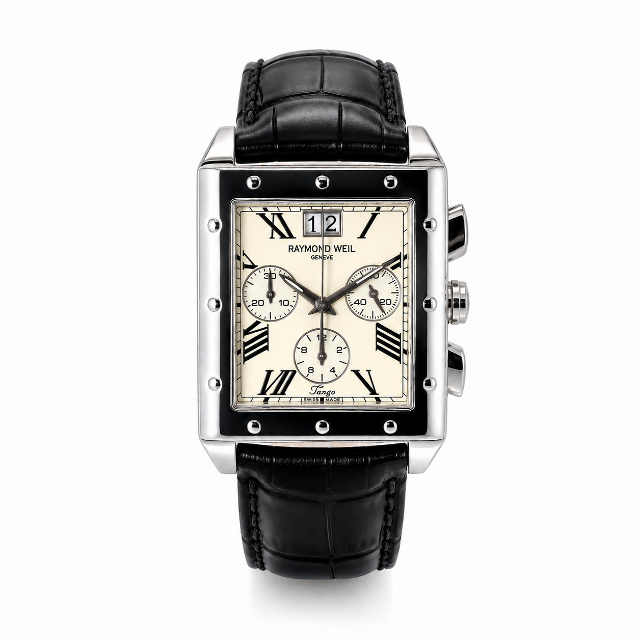 Raymond Weil Tango chronograph watch with ivory Roman numeral dial, rectangular stainless steel case and black leather strap.