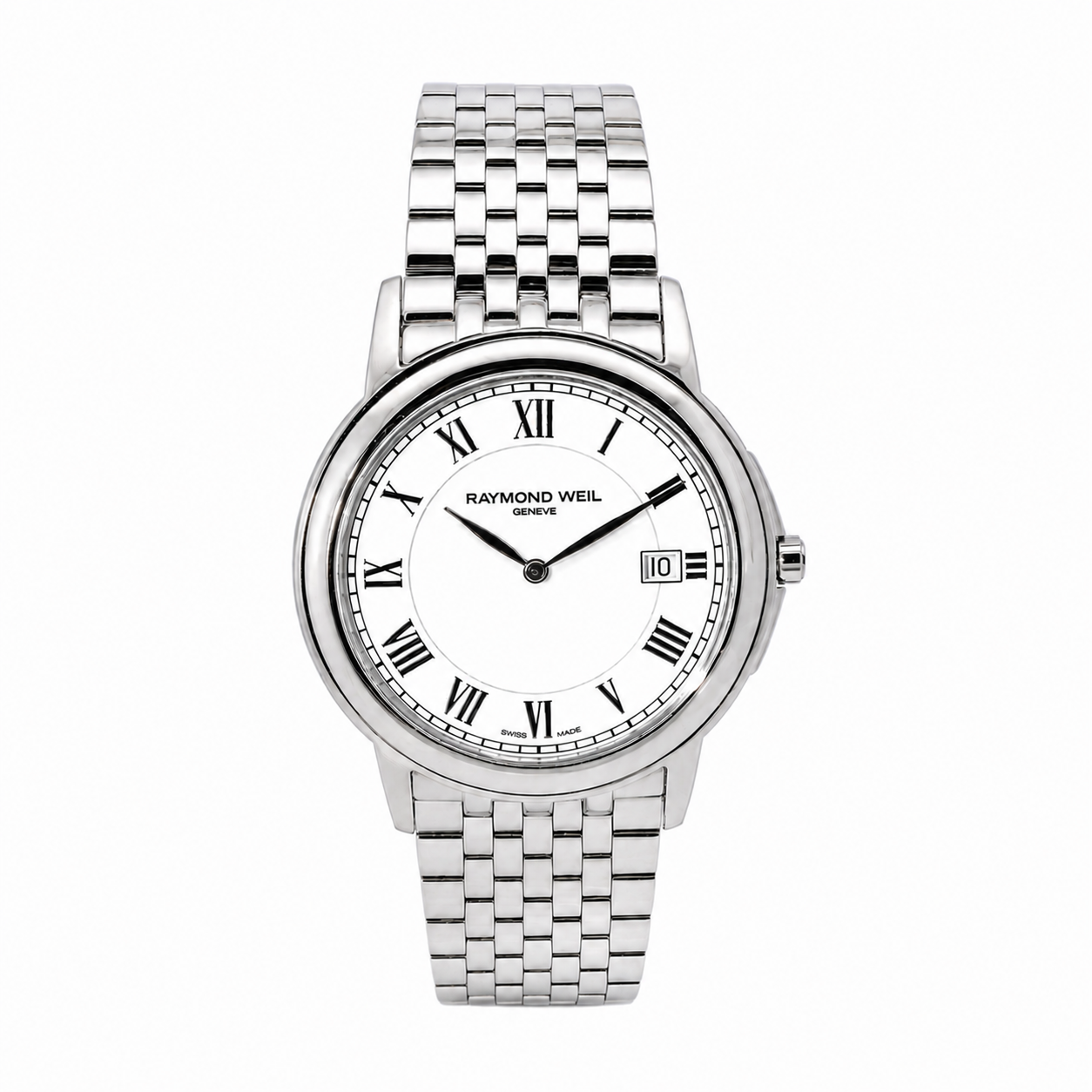 Raymond Weil Genève stainless steel quartz watch with white Roman numeral dial and date display on stainless steel bracelet.