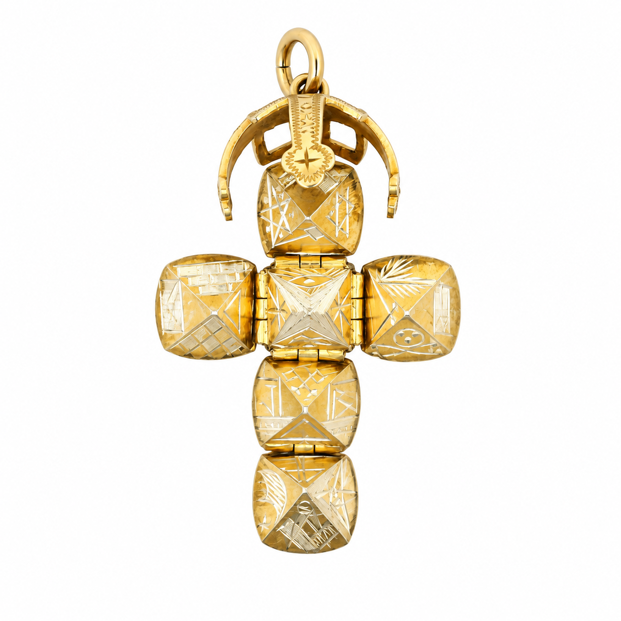 Vintage 9ct gold Masonic ball pendant unfolded into an engraved cross