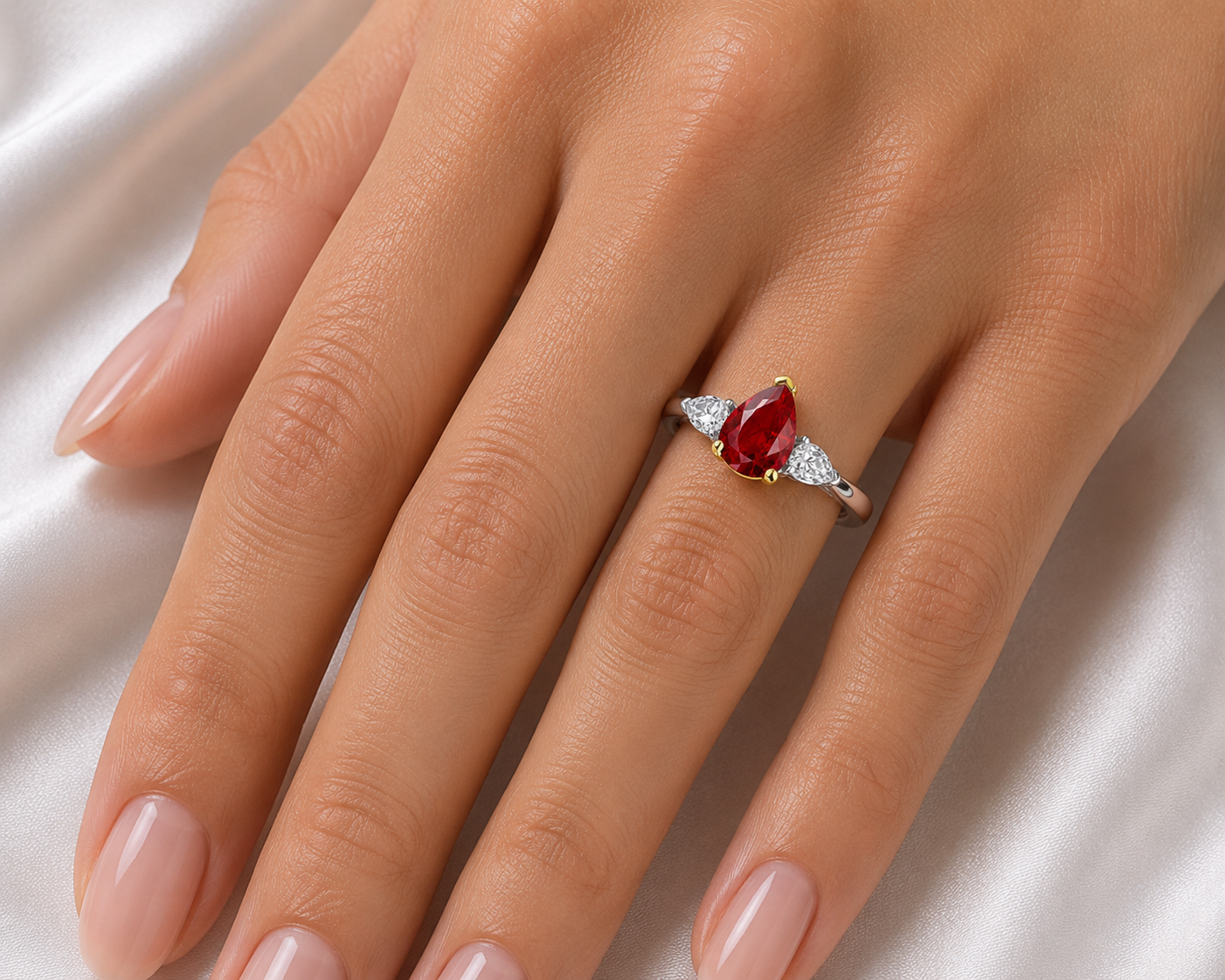 Platinum Pear Ruby & Diamond Trilogy Ring