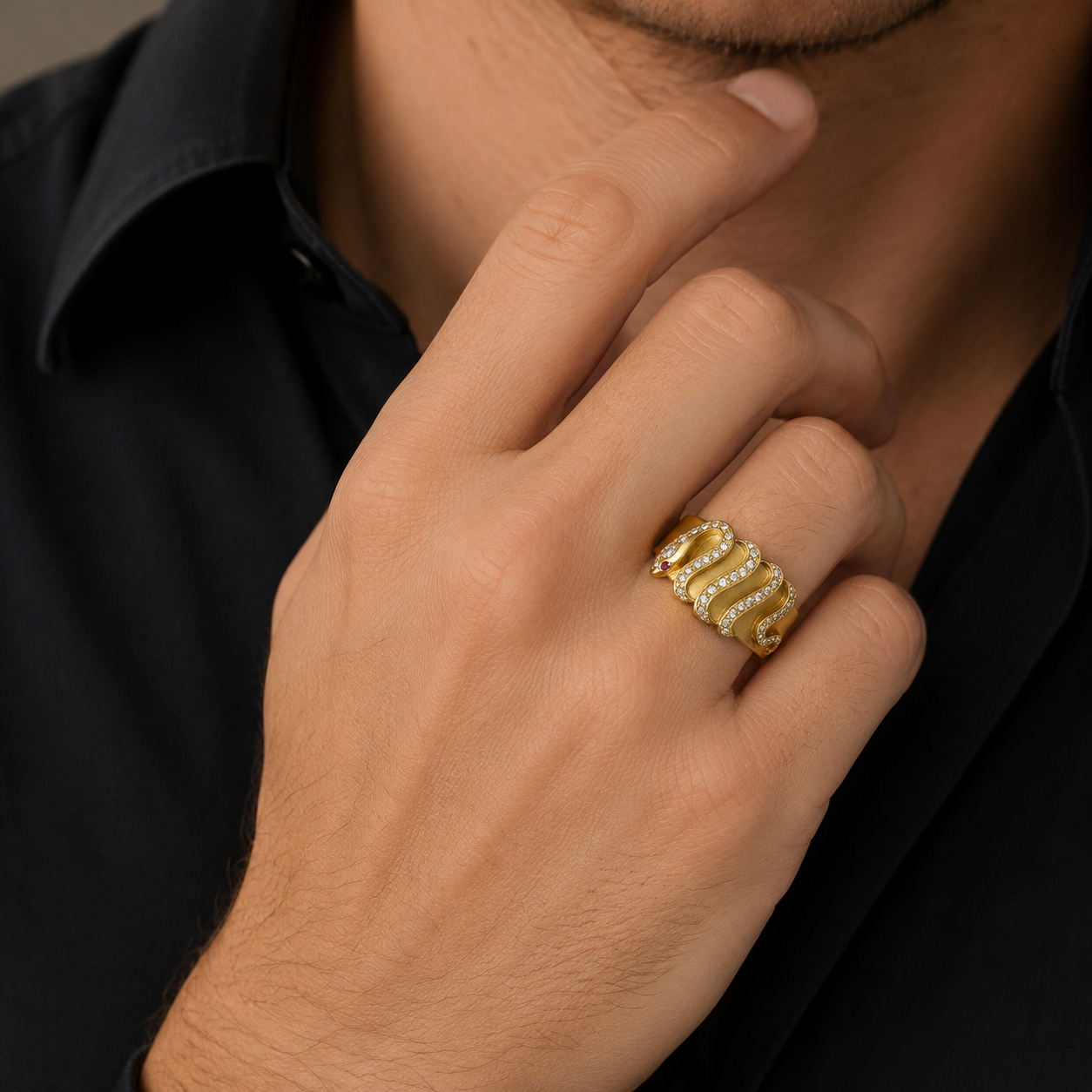 Victorian 18ct yellow gold snake ring with a satin finish, old mine cut diamonds, ruby eyes and a hand-engraved "1894" inscription. One of a kind.