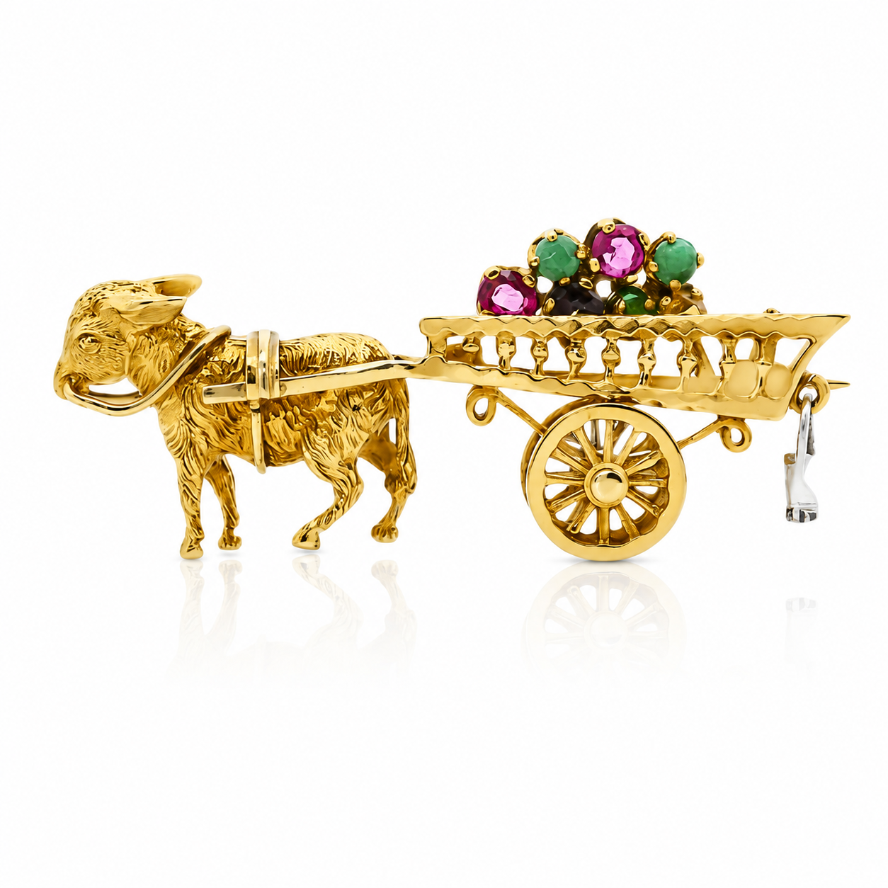 Antique Victorian 9ct Gold Donkey & Cart Gemstone Brooch