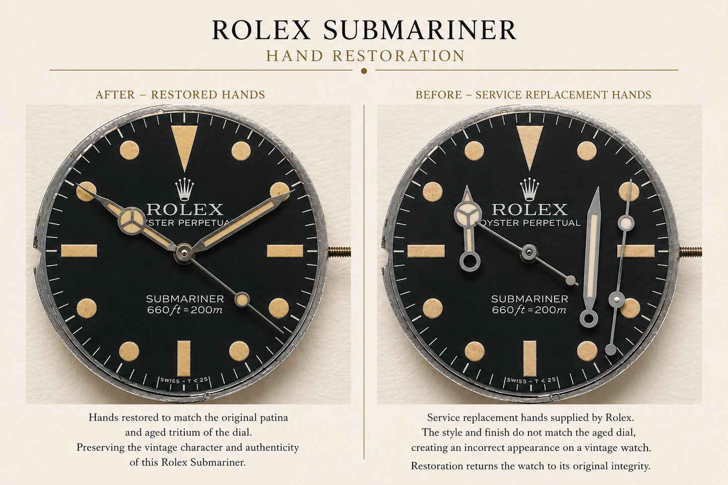 Restored original Rolex Submariner hands with preserved vintage tritium colour following sympathetic restoration by Marcus Tempus.