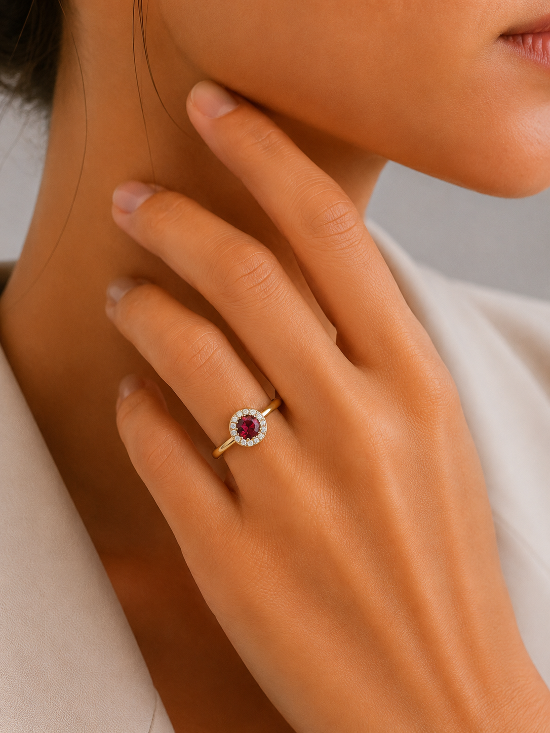 Model wearing a round pink tourmaline and diamond cluster ring