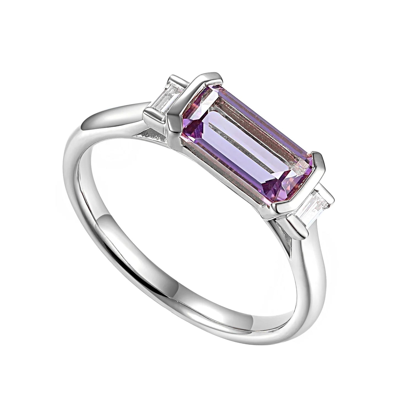 Long Octagon Amethyst Ring With Rubover Baguette Diamonds