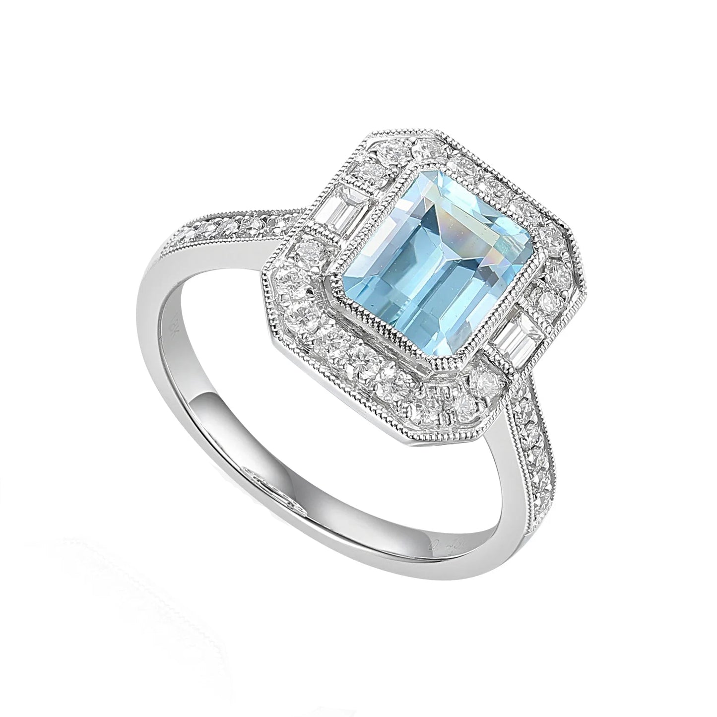 Art Deco Octagon Aquamarine Milgrain Diamond Ring