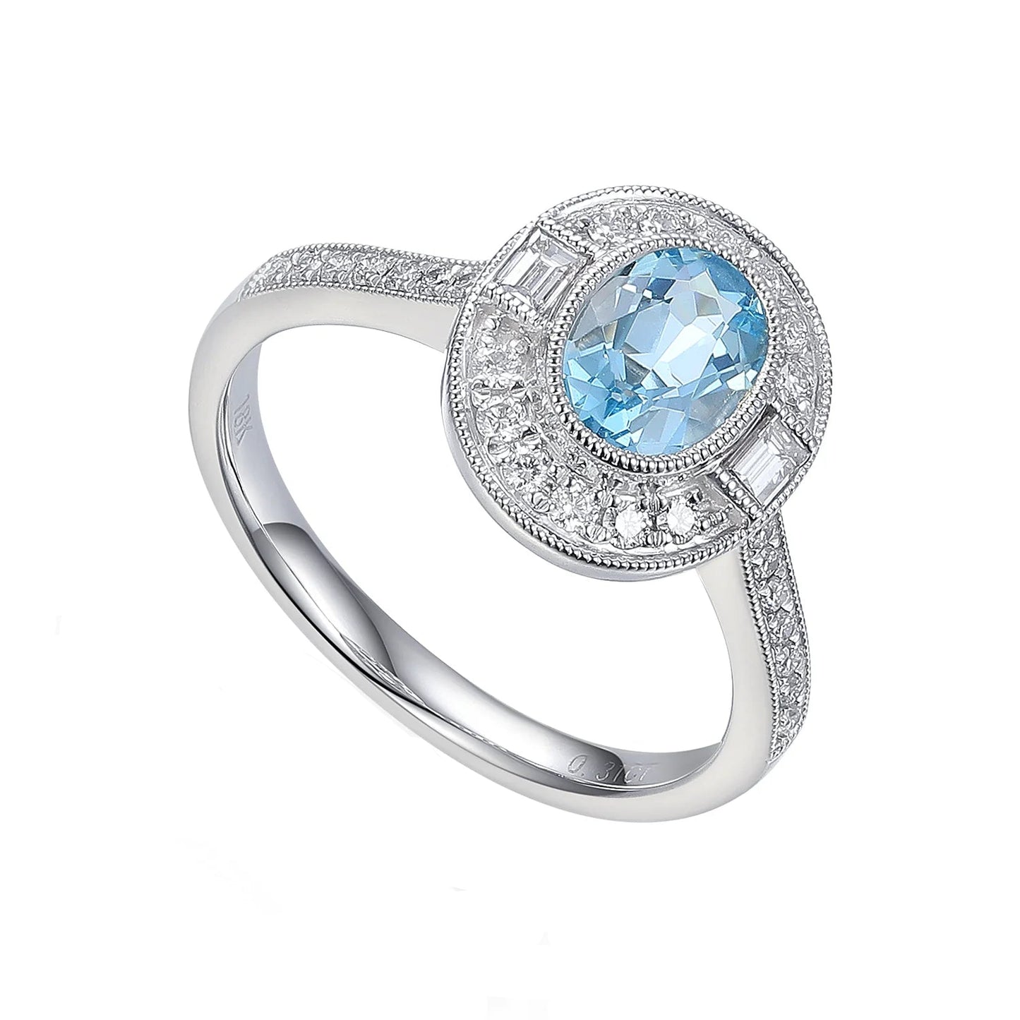 Art Deco Oval Aquamarine Milgrain Diamond Ring
