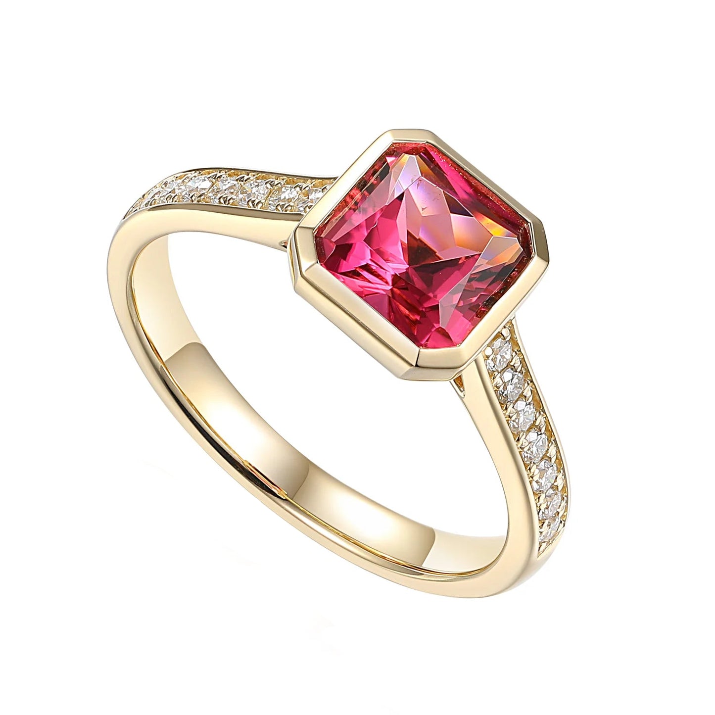 Step Cut Octagon Pink Tourmaline & Diamond Rubover Ring