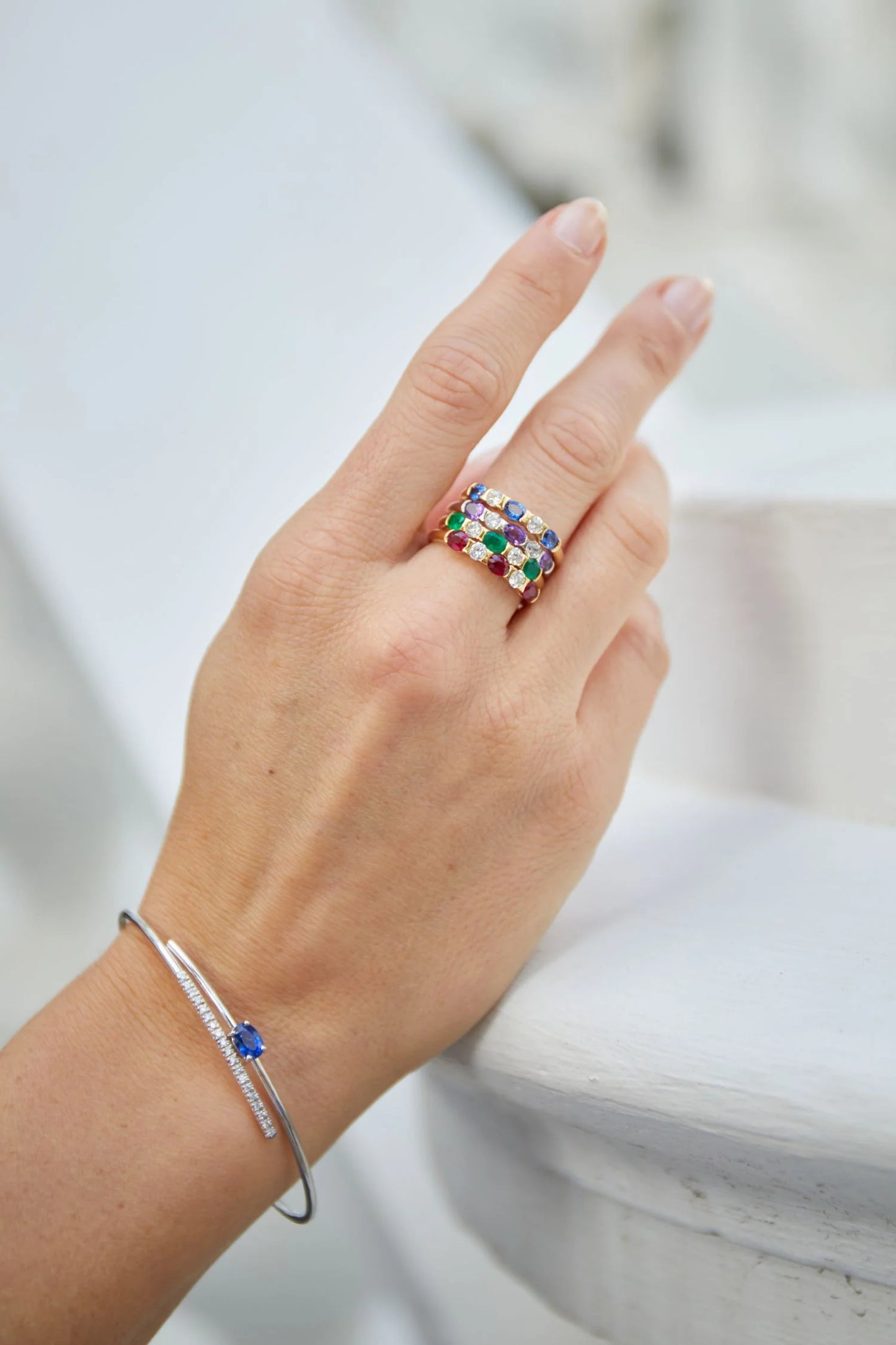 Five Stone Rubover Half Eternity Amethyst and Diamond Ring