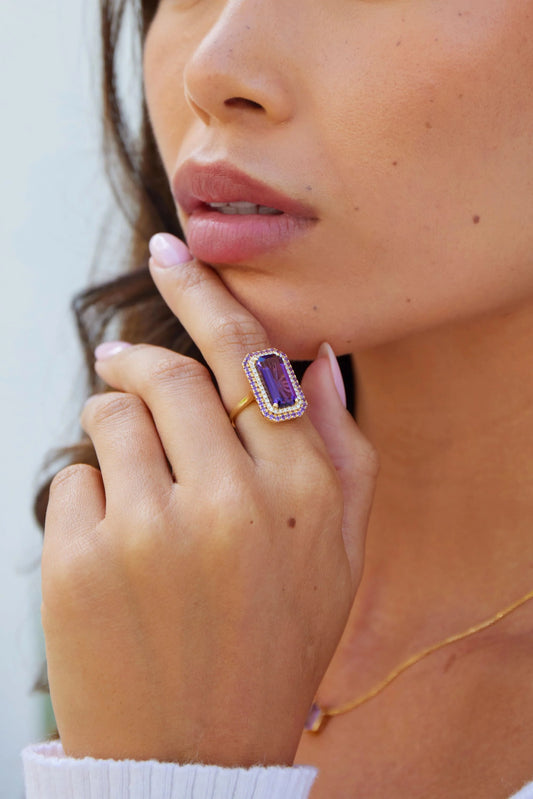 Long Octagon Amethyst Ring With Double Cluster