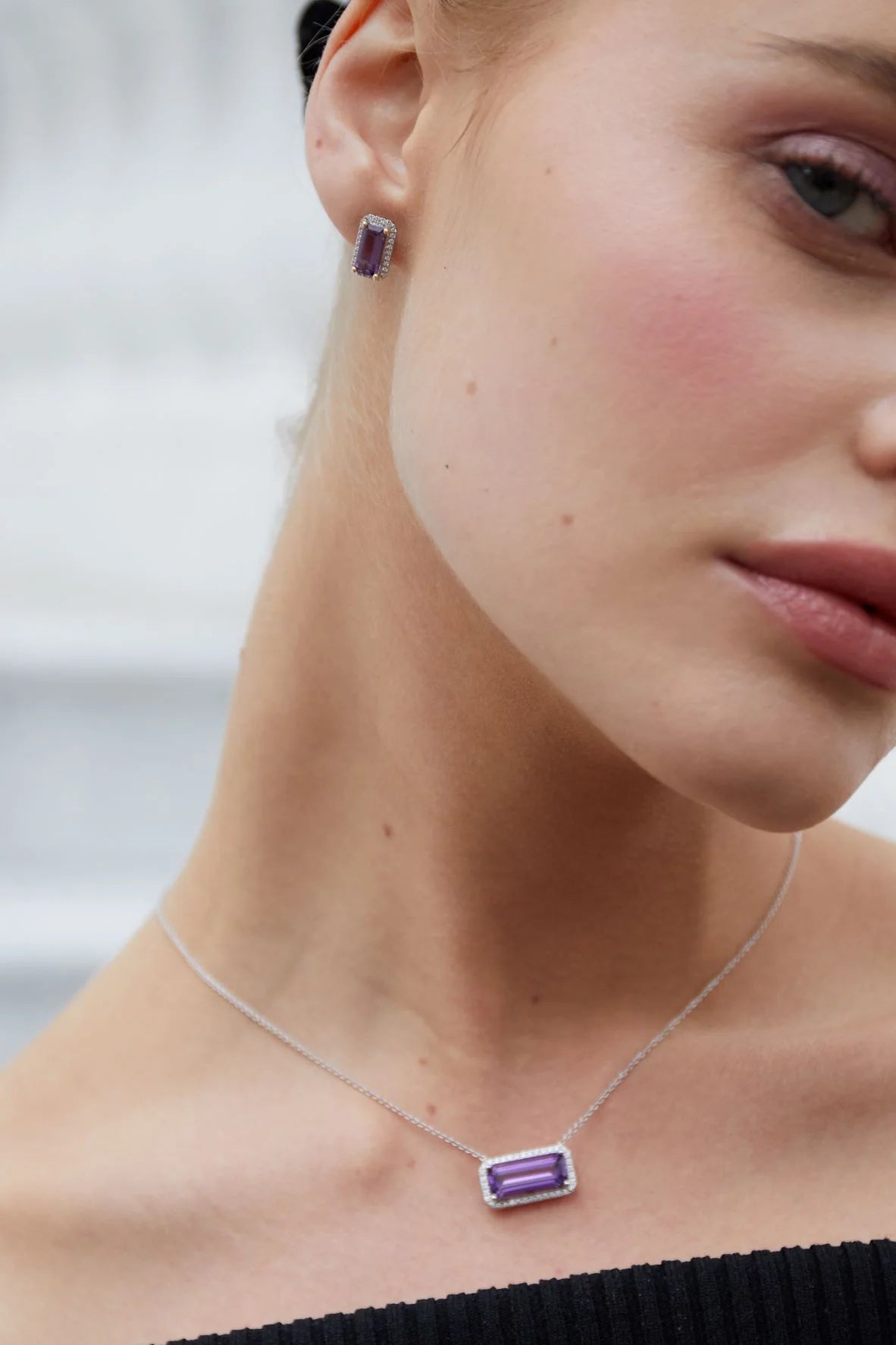 Long Octagon Amethyst and Diamond Surround Stud Earrings