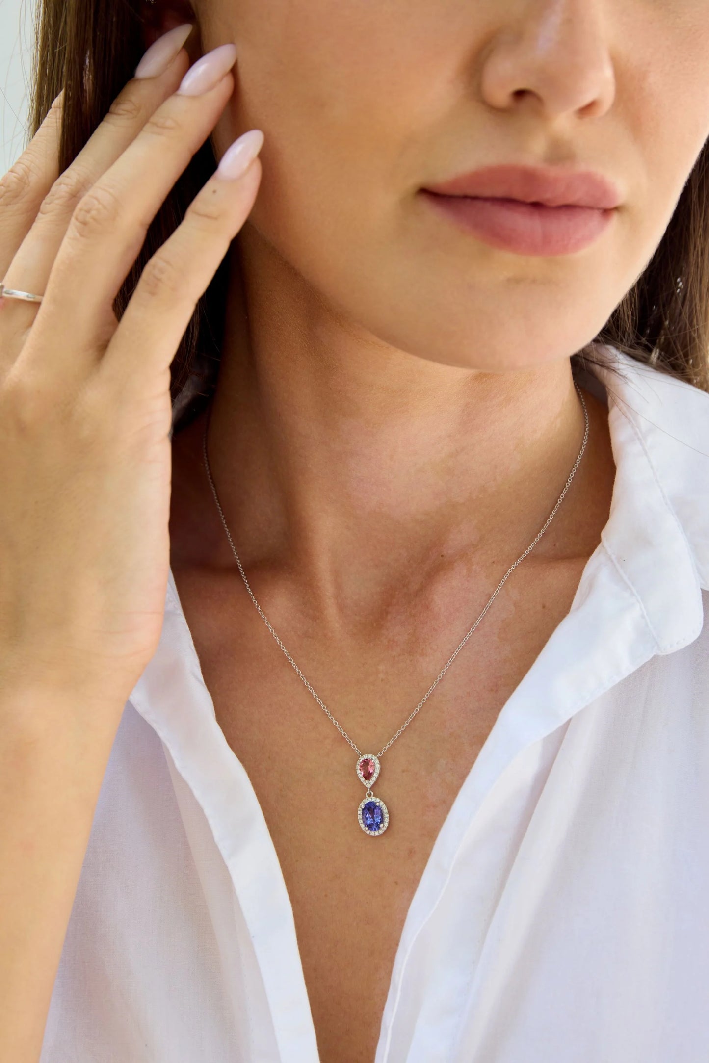 Double Pendant with Tourmaline and Tanzanite in 18ct White Gold