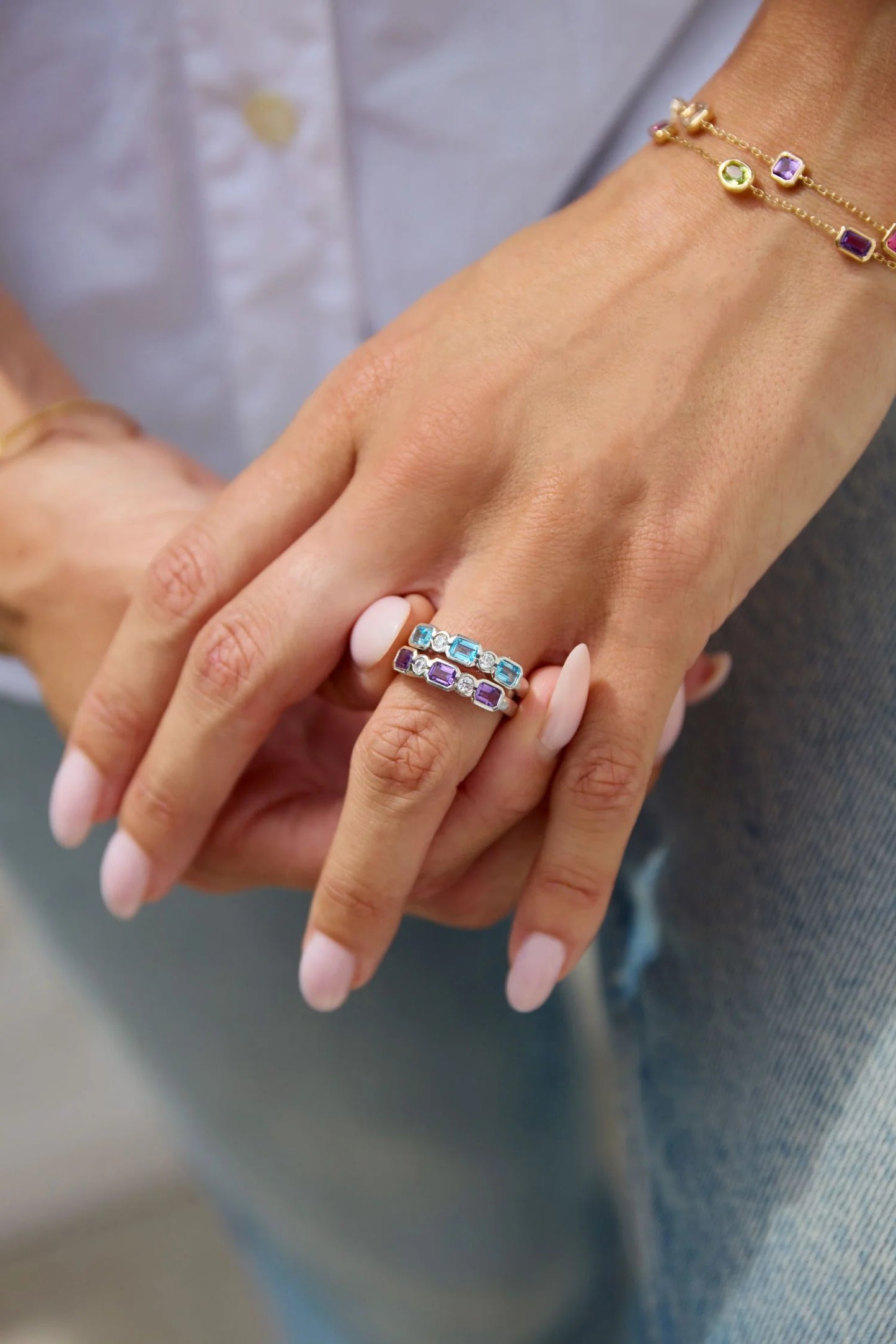 Octagon Amethyst and Diamond Half Eternity Rubover Ring