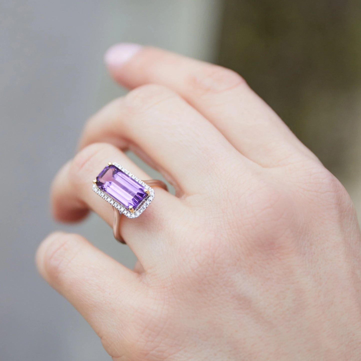 Long Octagon Amethyst & Diamond Ring
