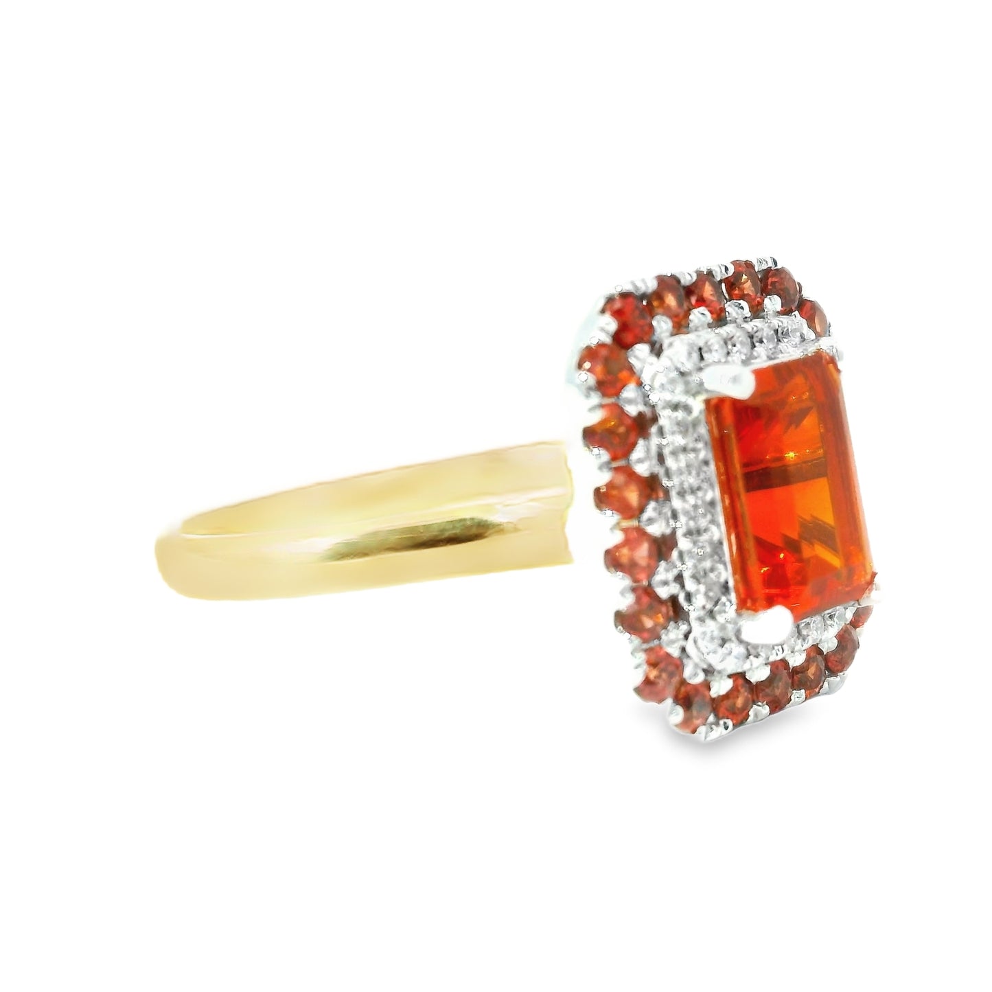 18ct Octagon Fire Opal Ring with Double Cluster and Orange Sapphires