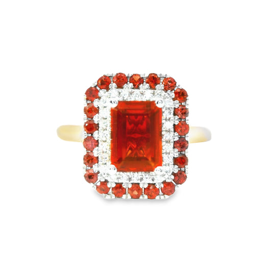 18ct Octagon Fire Opal Ring with Double Cluster and Orange Sapphires