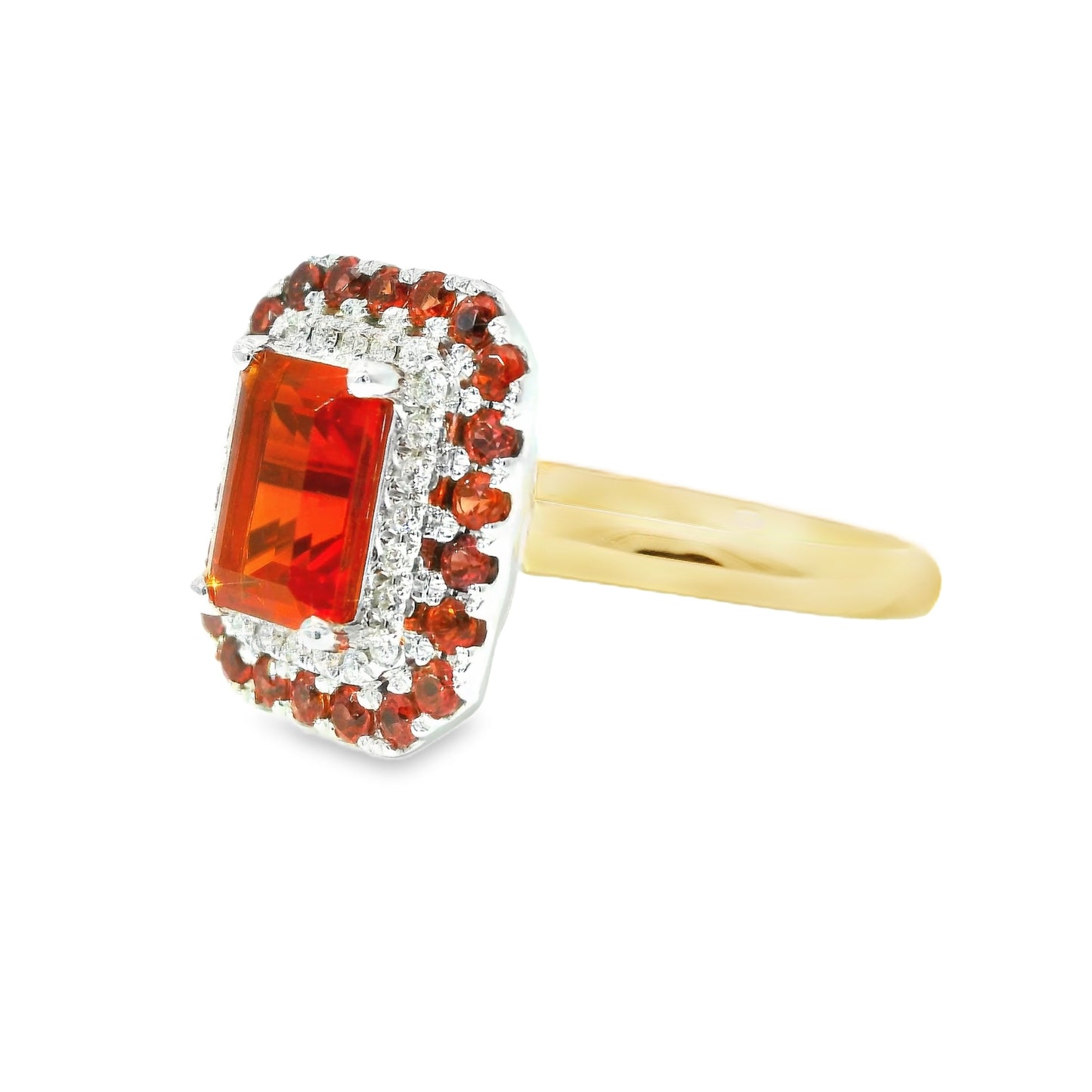 18ct Octagon Fire Opal Ring with Double Cluster and Orange Sapphires