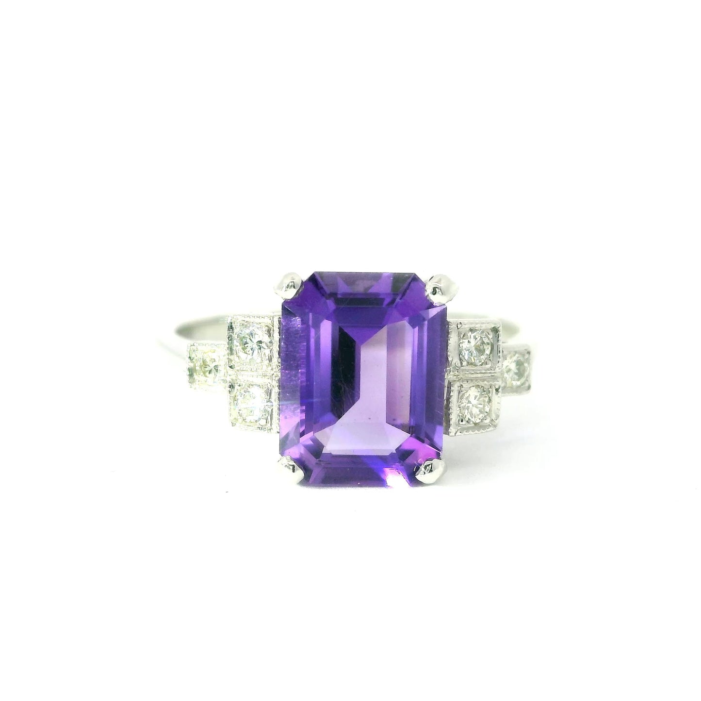 Platinum Art-deco Style Ring with Amethyst and Diamonds