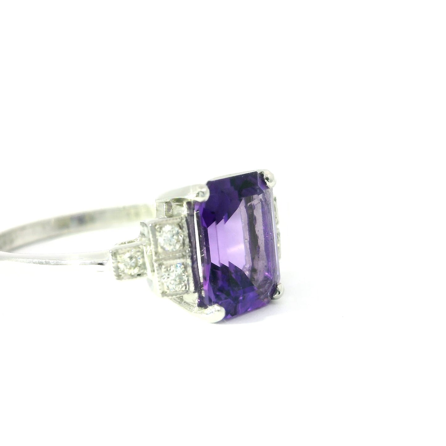 Platinum Art-deco Style Ring with Amethyst and Diamonds
