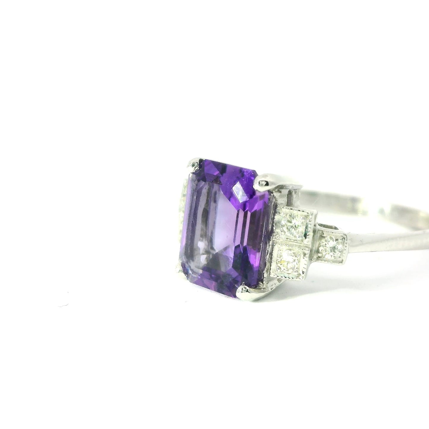 Platinum Art-deco Style Ring with Amethyst and Diamonds