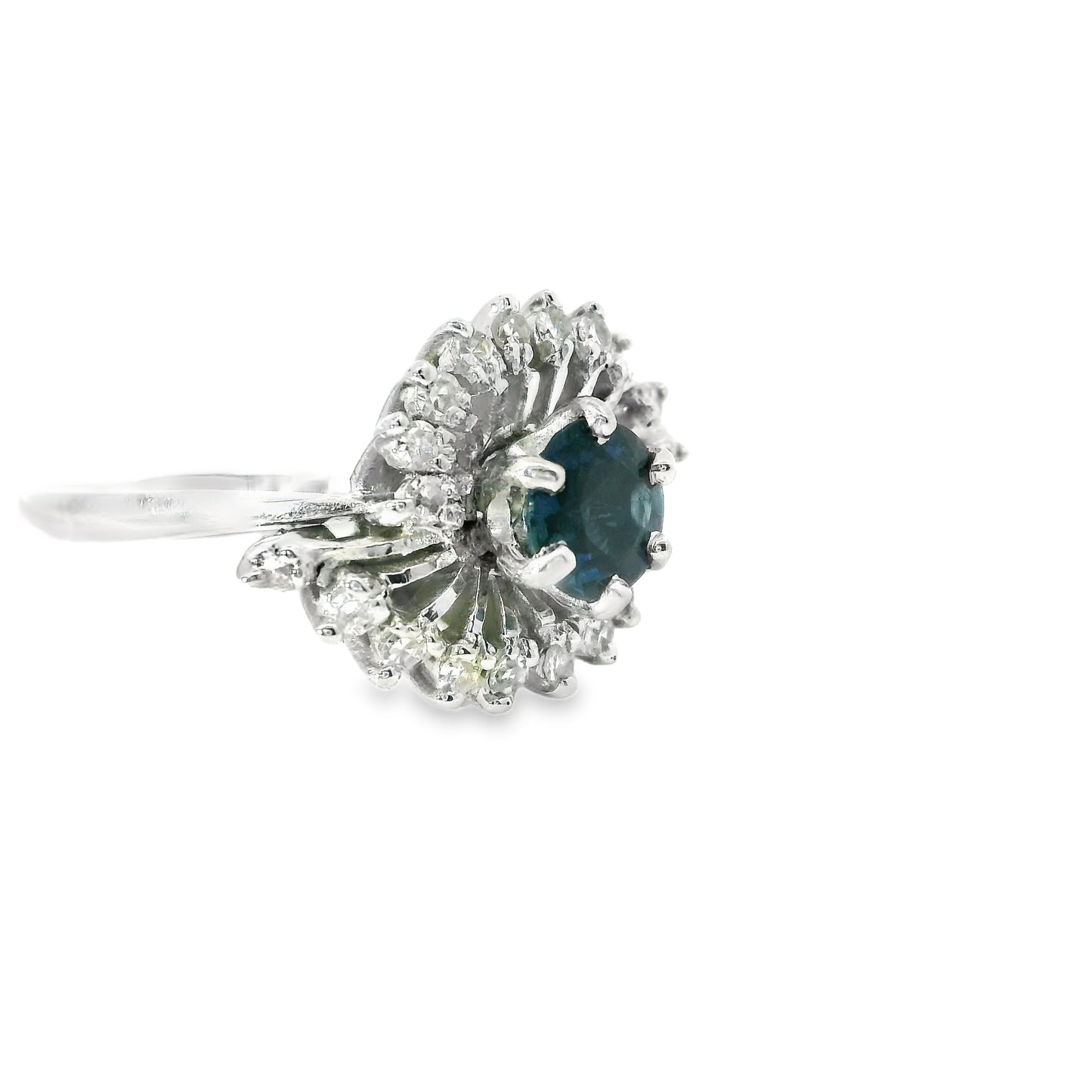 18ct White Gold Art Deco Swirl Ring with Diamonds and Sapphires