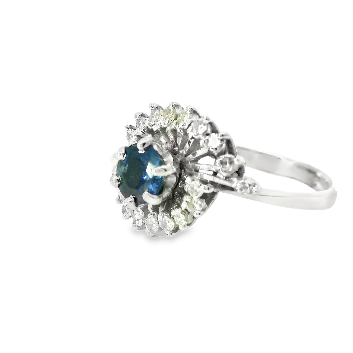 18ct White Gold Art Deco Swirl Ring with Diamonds and Sapphires
