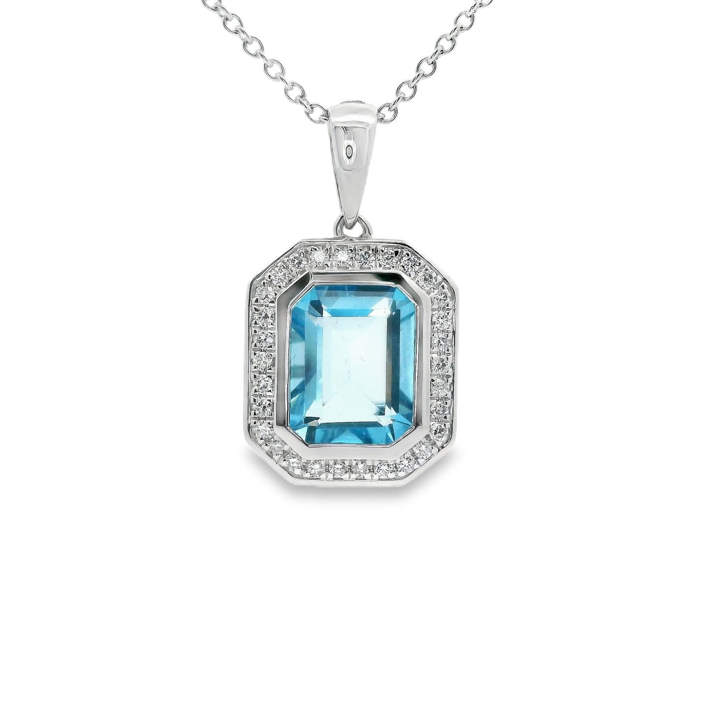 9ct White Gold Pendant with Blue Topaz and Diamonds