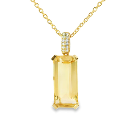 9ct Gold Long Octagon Citrine Pendant with Diamonds