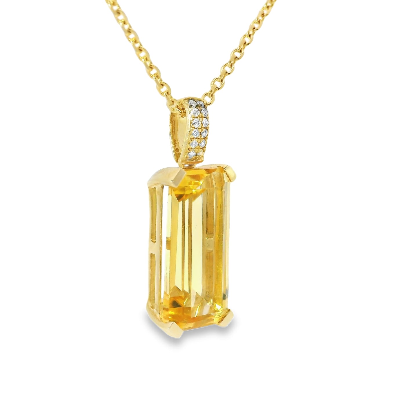 9ct Gold Long Octagon Citrine Pendant with Diamonds