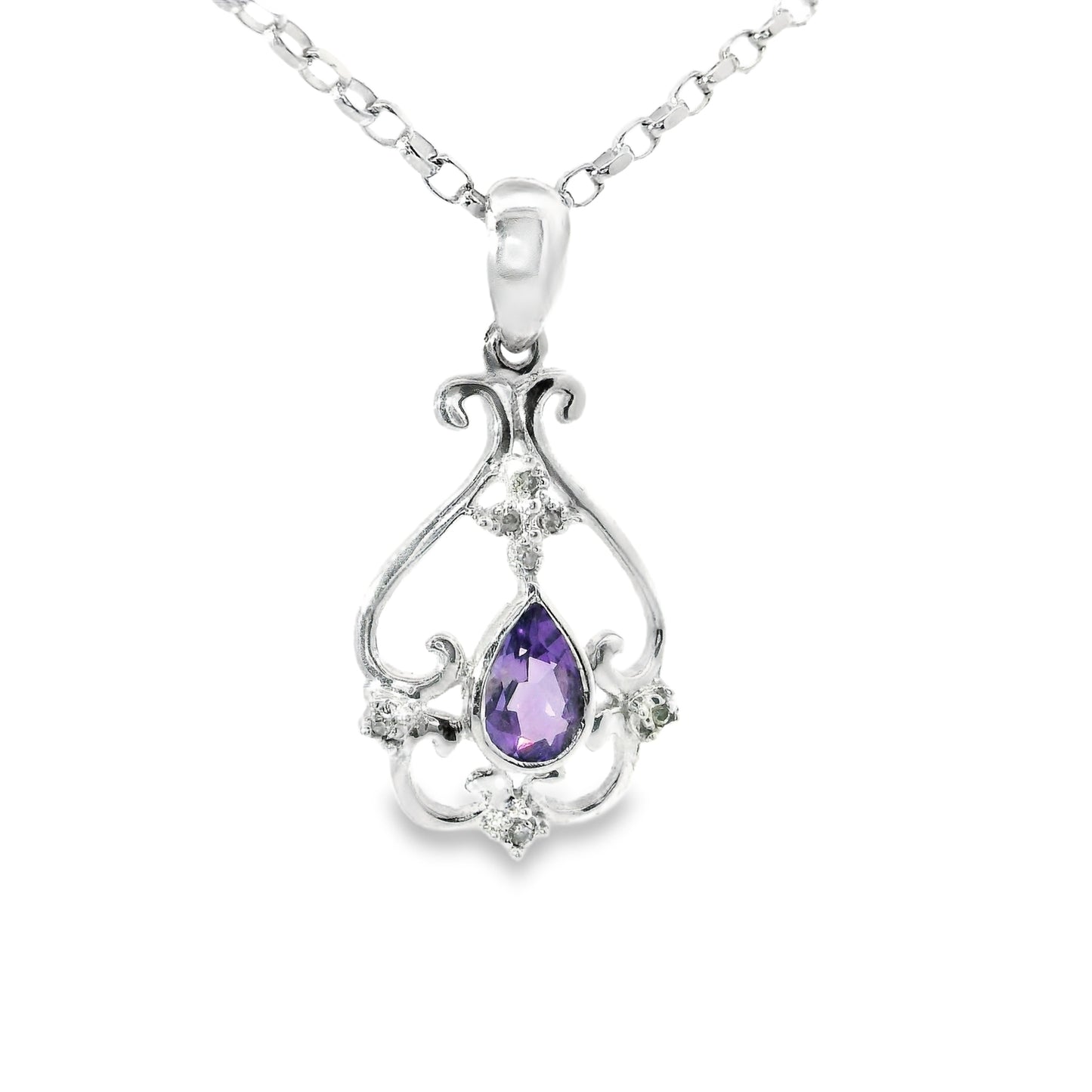 9ct White Gold Pendant with Diamonds and Amethyst