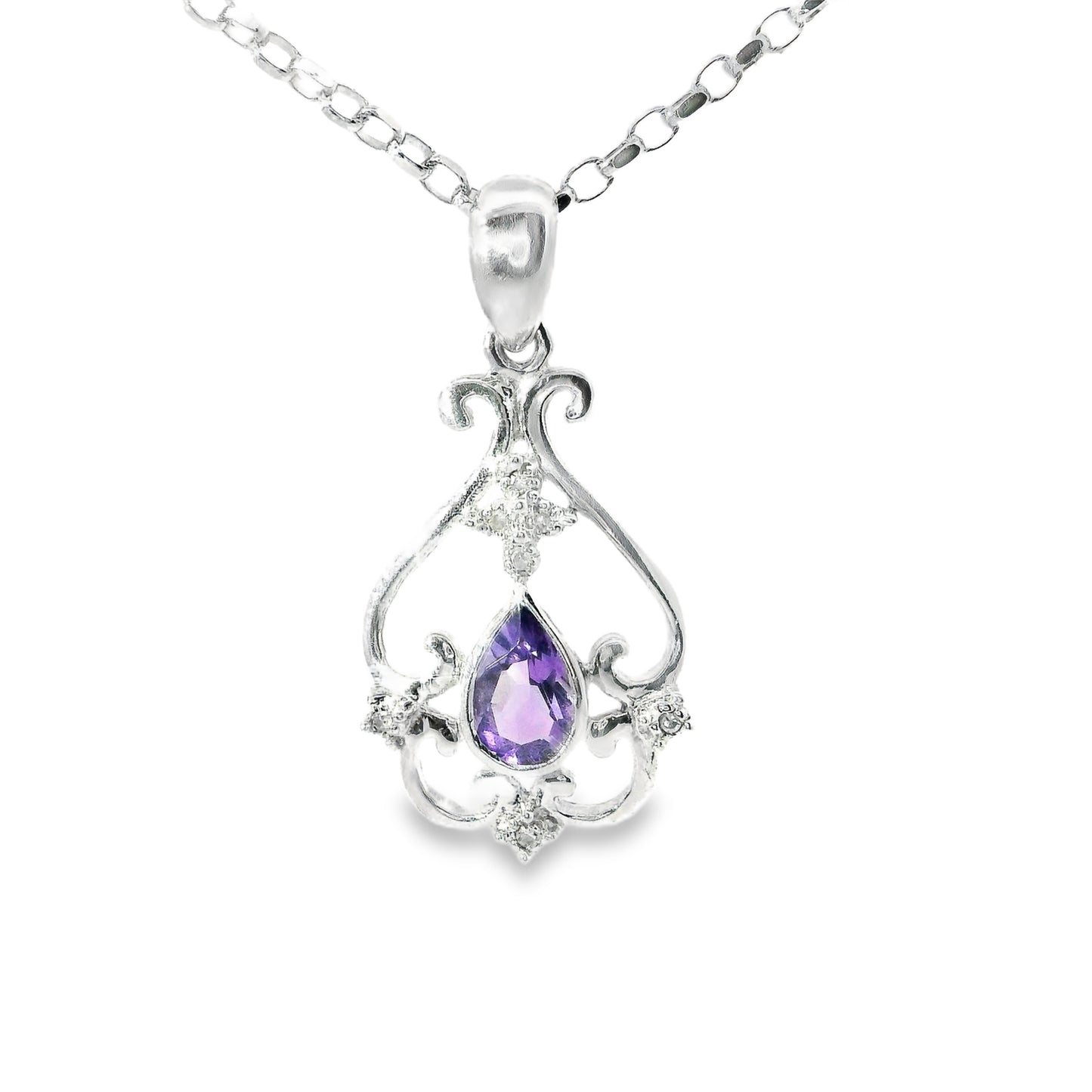9ct White Gold Pendant with Diamonds and Amethyst