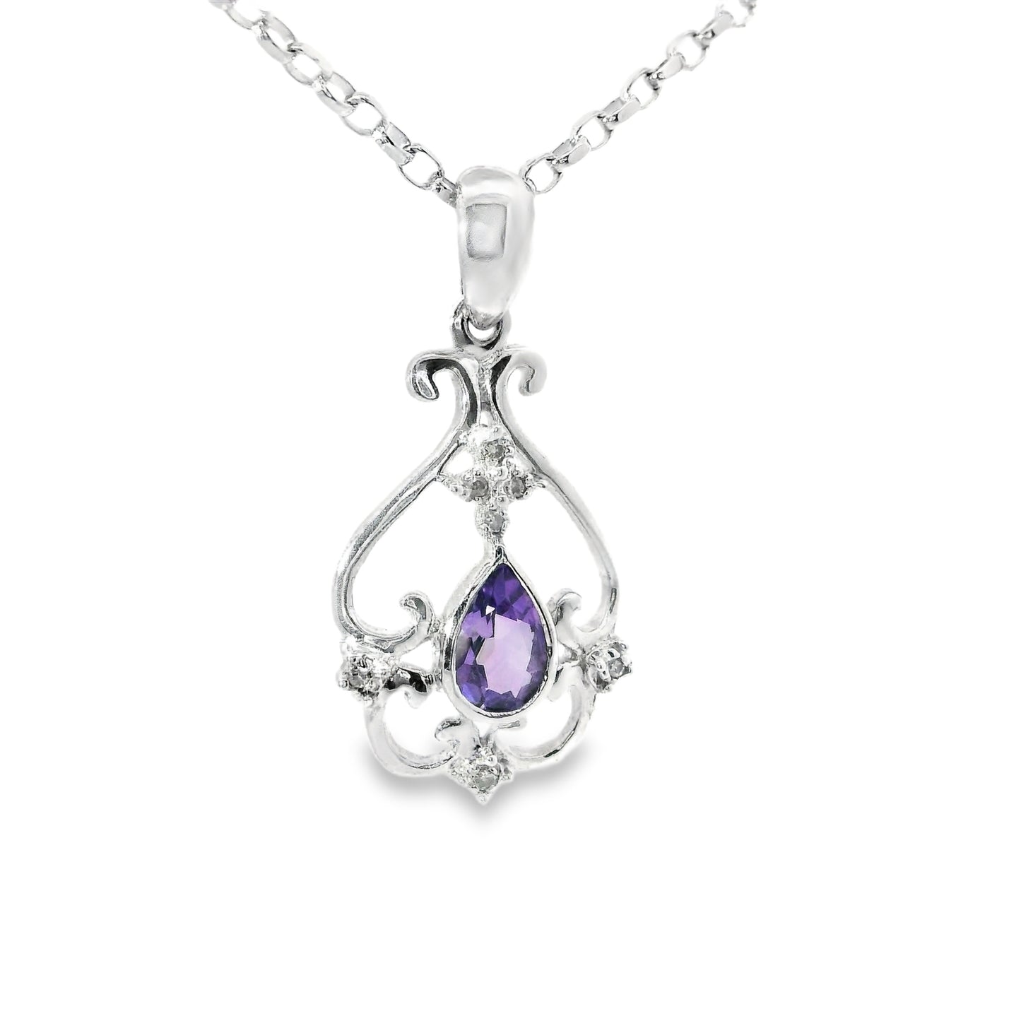 9ct White Gold Pendant with Diamonds and Amethyst