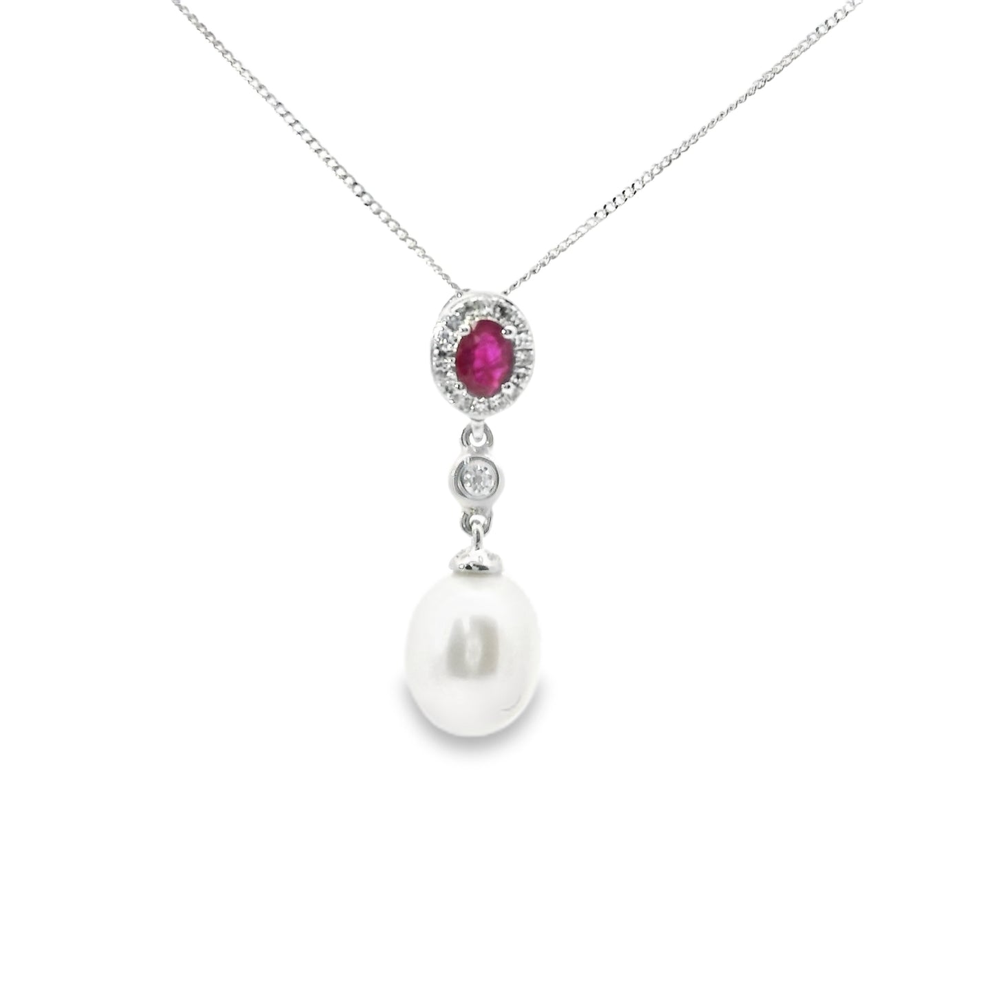 18ct White Gold Pendant with Fresh Water Pearl Rubies and Diamonds