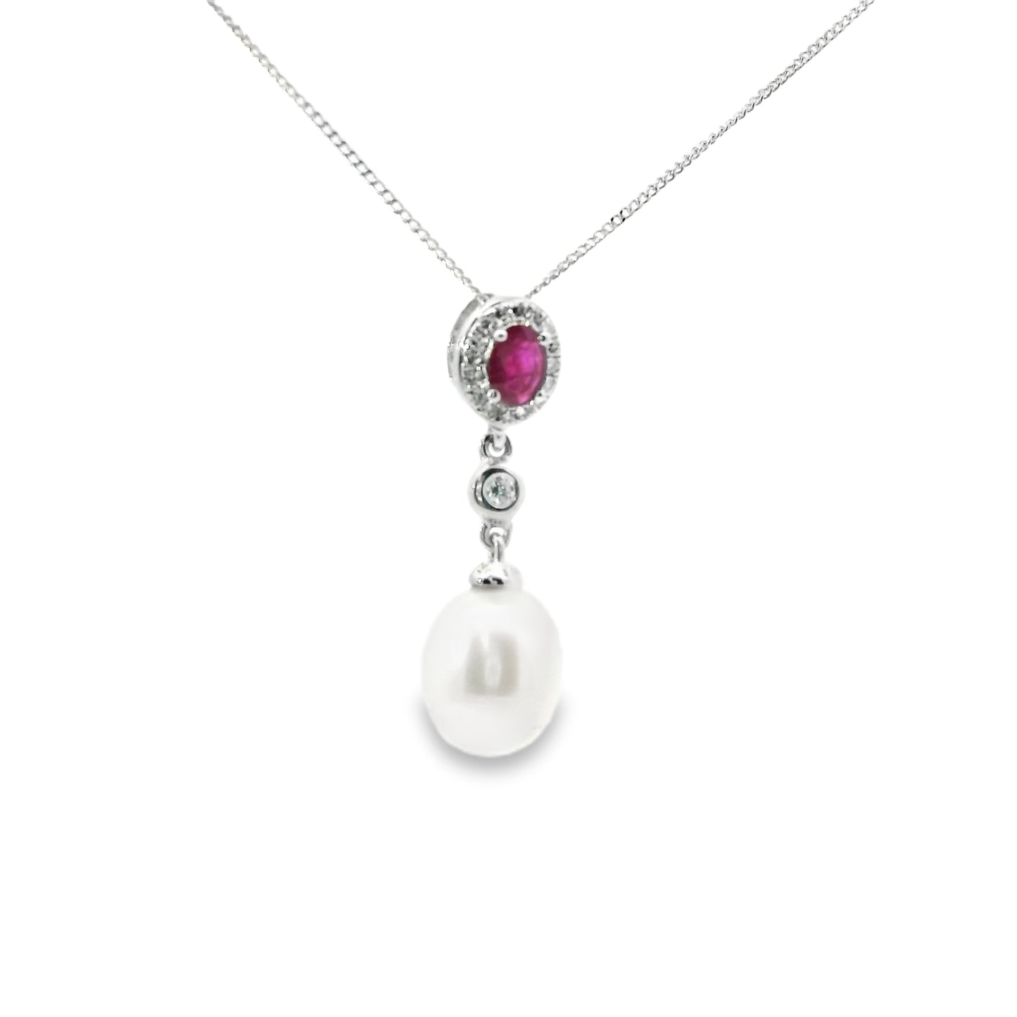 18ct White Gold Pendant with Fresh Water Pearl Rubies and Diamonds